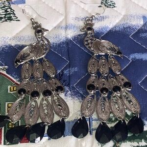 Vintage Silver and Black Peacock Earrings